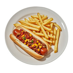 Delicious Hot Dog with Chili Sauce  Melted Cheese  and Golden Fries, Generative AI
