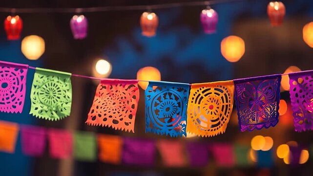 Colorful papel picado hanging on rope. National day of dead Mexico. 
