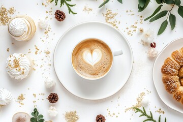 Xícara de café elegante com detalhes dourados, acompanhada de doces e decorações festivas em fundo branco, criada com IA generativa para um visual sofisticado e convidativo