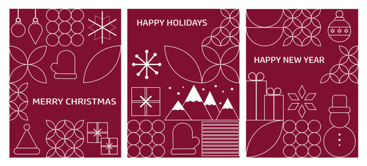 Set of elegant minimalistic greeting cards for Merry Christmas and New Year. Trendy mosaic Christmas poster.