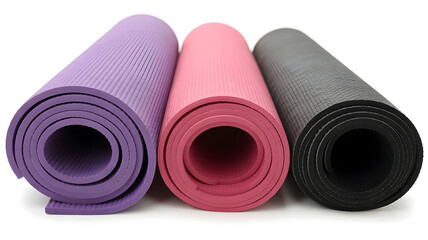 Three rolled up yoga mats in purple, pink, and gray isolated on white background