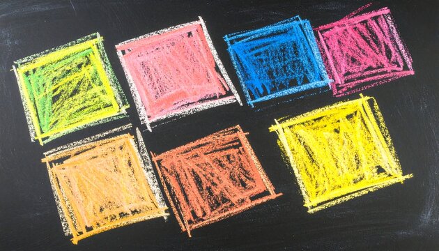 Colorful squares outlined in crayon on a chalkboard