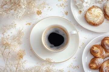 Xícara de café elegante com detalhes dourados, acompanhada de doces e decorações festivas em fundo branco, criada com IA generativa para um visual sofisticado e convidativo