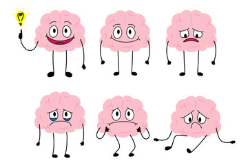 Happy tired burnout depression cartoon brain set. Brain with low charge, depression, burnout, lack energy and power with high energy. Stock vector illustration isolated on white background.