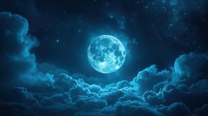 Fototapeta premium A luminous blue moon shines brightly in a starry sky, surrounded by soft clouds, creating a serene and enchanting nighttime atmosphere.