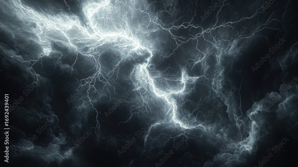 Poster a dramatic display of lightning striking through dark storm clouds, creating a striking contrast of 