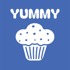 Doodle cupcake with Yummy Text on blue background.Vector illustration 