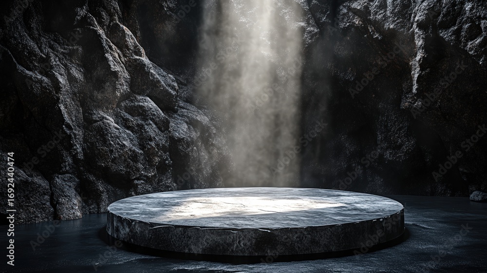 Poster a dark cavern with a circular stone platform illuminated by a beam of light, creating an atmospheric
