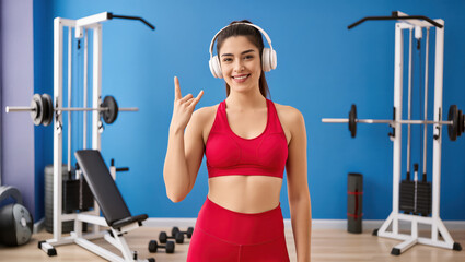 Fototapeta premium Young woman in red athletic wear, smiling and wearing headphones, poses confidently in gym setting. vibrant blue wall and gym equipment create energetic atmosphere
