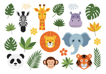 Fototapeta premium Adorable jungle animals and tropical leaves collection for childrens designs