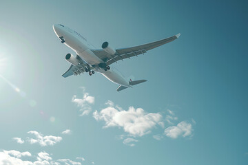 Obraz premium 雲間を抜ける旅客機と青空 ダイナミック空撮