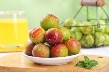Fresh Ripe Plums with Colorful Red Green Flesh in Bowl Kitchen Food Photography