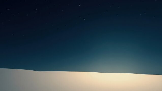 A serene landscape with a vast expanse of pale sand meeting a deep twilight sky dotted with faint stars.