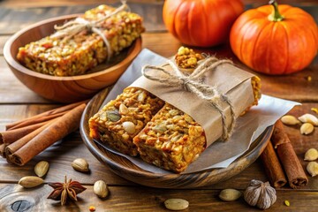 Photo of homemade pumpkin granola bars, individually wrapped in brown paper and tied with twine.