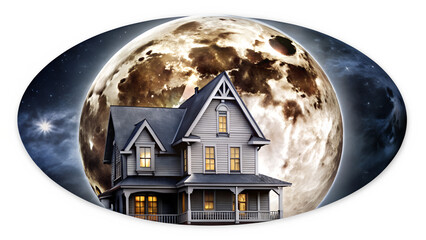 Gray House with Illuminated Windows Against a Large Full Moon isolated on a transparent background.