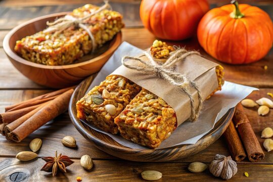 Photo of homemade pumpkin granola bars, individually wrapped in brown paper and tied with twine. - Powered by Adobe