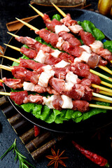 Fresh Raw Lamb Kebab Skewers in Cast Iron Pan Ready for Grilling