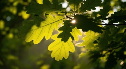 Sunlit Oak Leaves: Backlit Detail, Vibrant Green, Natural Light