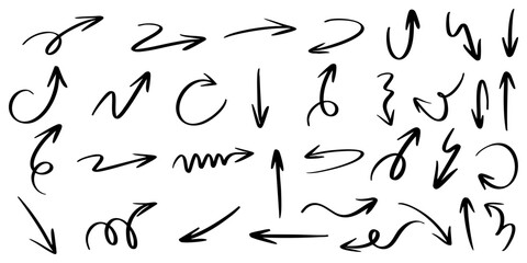 set of hand drawn arrows in sketch style. Includes different directions, curved lines, and doodle style symbols.