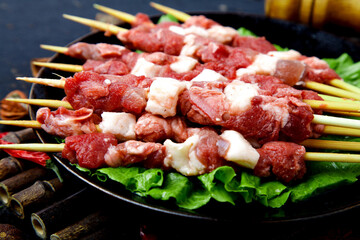 Fresh Raw Lamb Kebabs on Skewers Ready for Grilling BBQ Cooking