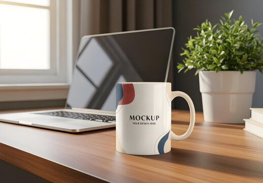 Ceramic Mug Mockup Placed on a Wooden Desk