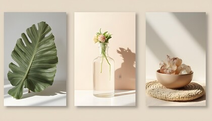 Triptych of natural elements with soft light and shadows