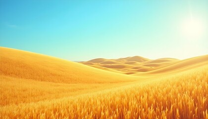 Golden wheat field under a bright blue sky with sun shining