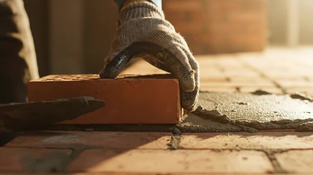 Construction worker laying bricks with trowel on building site  