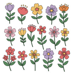 Colorful Hand-Drawn Flower Collection. Cute Doodle Floral Illustrations. Spring Blossom Vector Set.