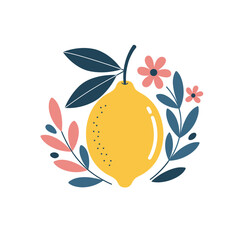 Stylized Lemon with Floral Elements Illustration. Flat Design Citrus Fruit, Leaves & Flowers.