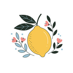 Stylized Lemon with Floral Elements. Fresh Citrus Fruit and Botanical Design. Vector Illustration.