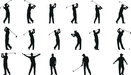 Silhouettes of male golfers in multiple swing positions and stances, ideal for sports vector design and golf-themed creative projects.