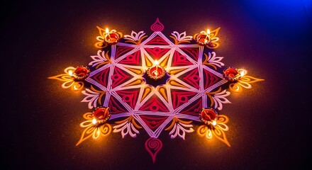 Radiant diwali festive design illuminating dark, intricate geometrical star pattern, traditional lamps glowing,