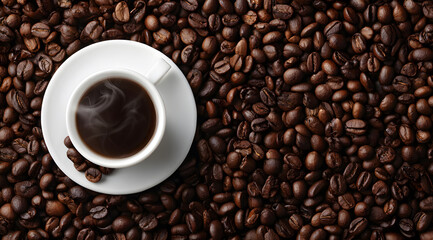 top view of coffee beans with steaming white cup placed on surface showing rich aroma dark roast texture and detail evoking morning energy lifestyle and fresh brewed beverage mood