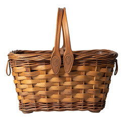 Brown wicker picnic basket, beautifully woven with sturdy handle, ready for joyful