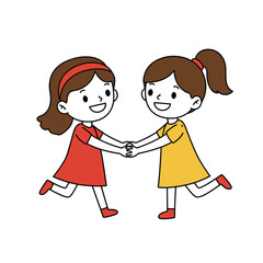 Happy Cartoon Girls Holding Hands, Childhood Friendship & Play