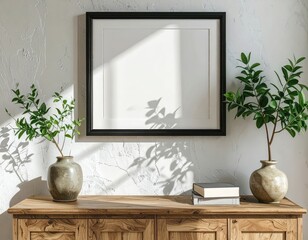 Elegant Home Decor with Blank Frame and Greenery.