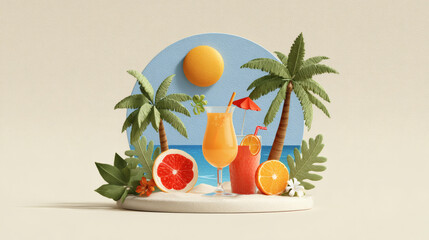 Tropical Scene with Palm Trees, Lounge Chairs, and a Sunlit Sky