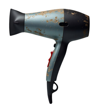 Old rusty hair dryer appliance, looking damaged and worn, reflects sense of neglect