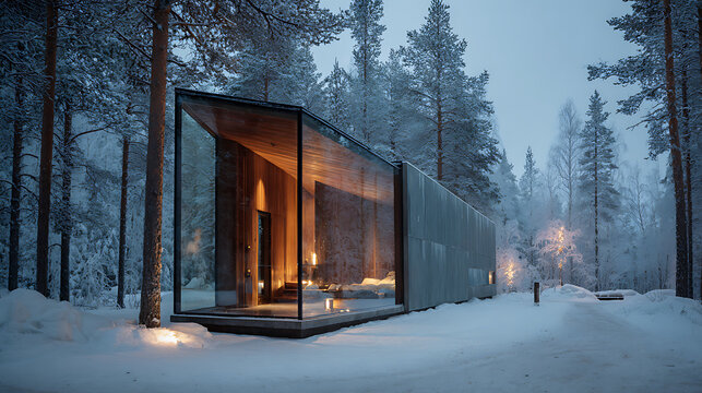 A modern minimalist cabin with large glass walls glows warmly from within a serene, snowy forest at dusk. A concept for secluded getaways and cozy living.
