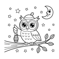 Fototapeta premium Black and white line art illustration of a cute owl holding a lantern on a branch with stars and a crescent moon