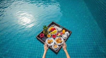 Floating breakfast tray with fruits and pastries in a swimming pool, overhead view photos of swimming pools, houses with swimming pools, people in swimming pools