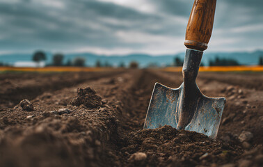close up of spade and shovel placed in dark soil on plowed farmland with corn field in distance, rural landscape scene showing garden tools prepared for spring planting and seasonal cultivation work