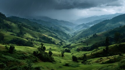 Fototapeta premium Stunning landscape of terraced green rice paddies in the mountains. Dramatic, dark storm clouds gather overhead in this moody, atmospheric, photorealistic scene.