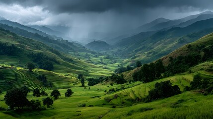 Fototapeta premium Stunning landscape of terraced green rice paddies in the mountains. Dramatic, dark storm clouds gather overhead in this moody, atmospheric, photorealistic scene.