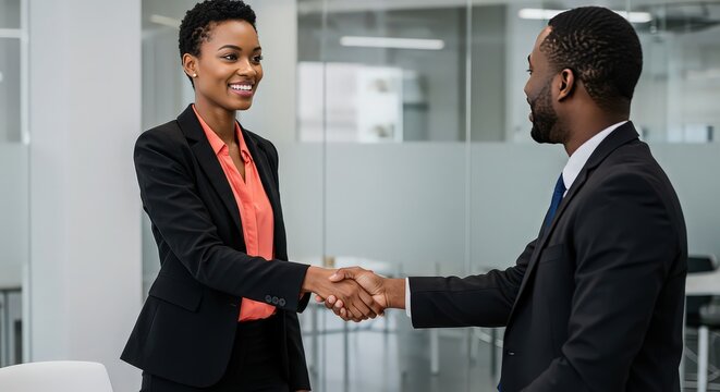 African american business people shaking hands in an office setting after a successful meeting