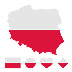 Vector set of Poland high detailed map flag and national flag round badge isolated on white background.