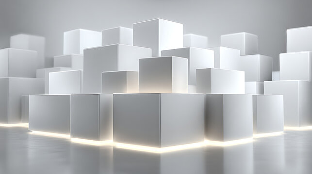 An abstract architectural arrangement of white cubes stacked on a reflective surface with a warm light glowing from below. A modern, minimalist background.
