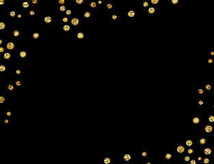 Scattered gold confetti in a corner arrangements isolated on black background