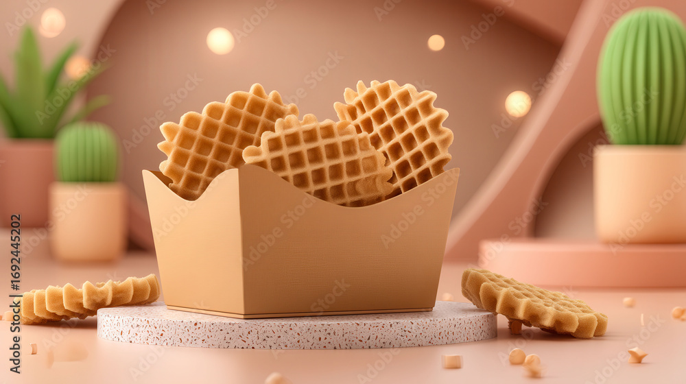 Aufkleber a box of waffles sits on a table with a few cookies on the table. the cookies are scattered around t